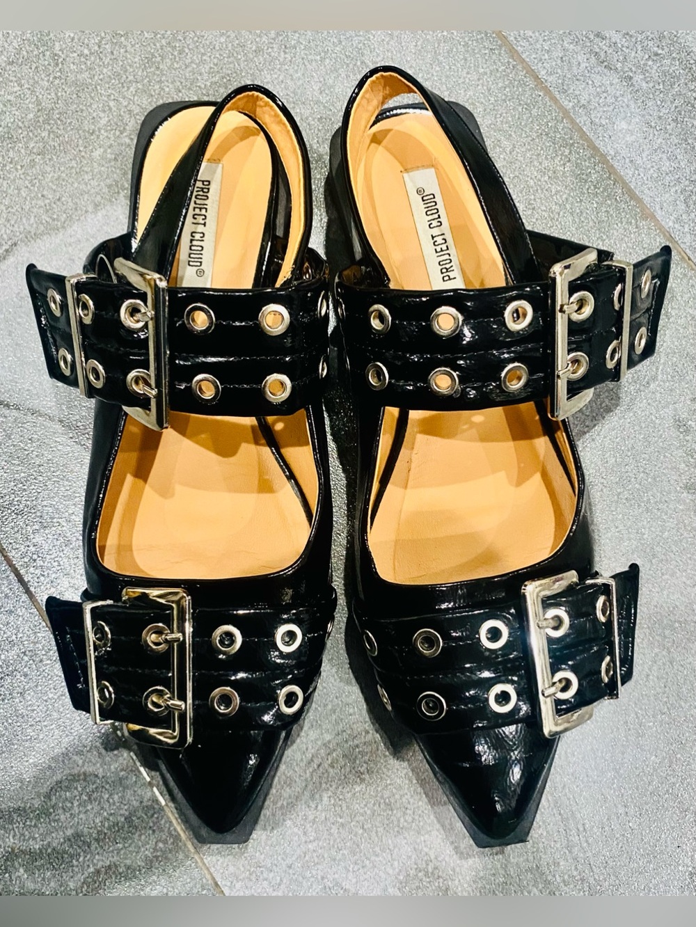 Project Cloud Katharyn Black Patent Buckle Slingback Flats New Size 8.5